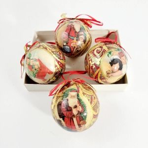 4 Vintage Paper Mache Old World Santa Christmas Ball Ornaments